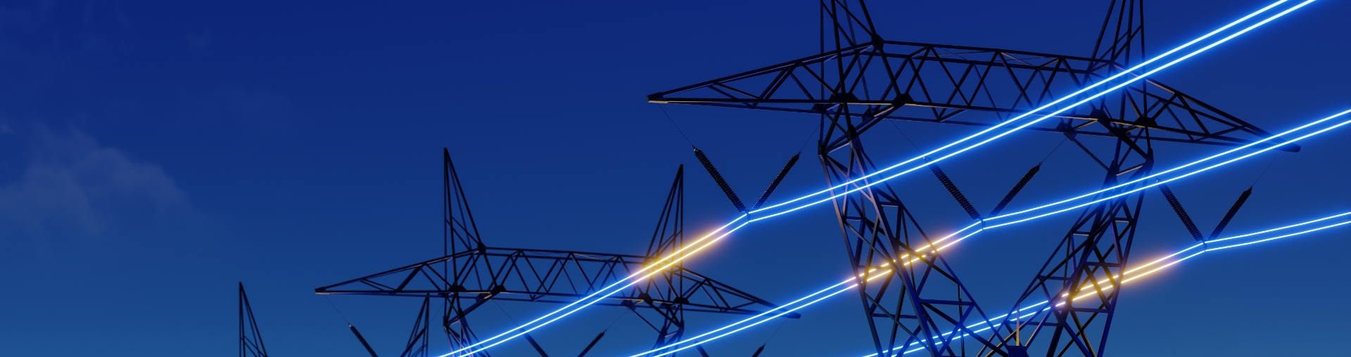 Image of power line structures with wires between them glowing blue.