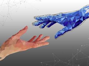 Illustration of human hand reaching for blue computer-generated hand.