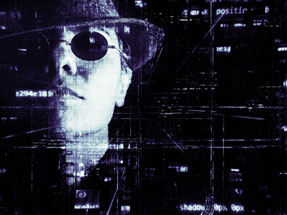 Graphic of man in hat and sunglasses overlaid with lines of code.