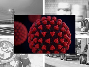 Collage of highway, medicine bottles, semi trucks and virus molecule.